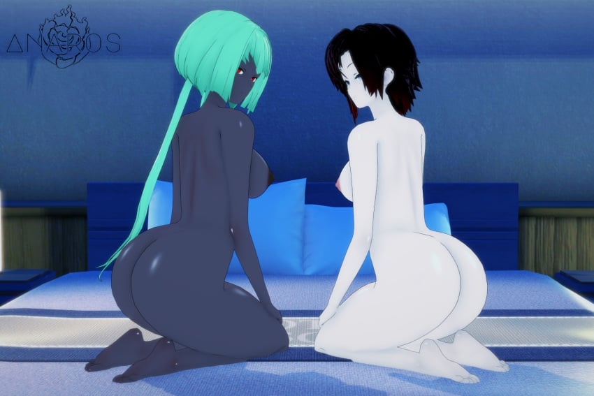 2girls anaros ass_focus bedroom big_ass black_hair bubble_butt dark-skinned_female emerald_sustrai female female_only green_hair hand_on_leg koikatsu multiple_girls red_eyes ruby_rose rwby seductive seductive_eyes seductive_smile silver_eyes