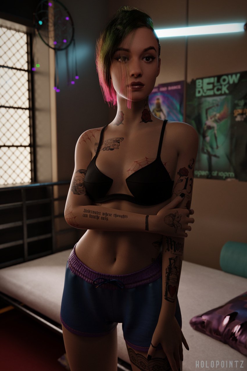 1girls 3d 3d_(artwork) 4k abs absurd_res absurdres arm_tattoo bed bedroom bra cd_projekt_red cyberpunk_2077 female female_focus female_only front_view green_hair holopointz judy_alvarez lipstick multicolored_hair painted_nails pink_hair short_hair shorts sleepwear solo solo_female solo_focus tattoo tattoo_on_arm tattoo_on_chest tattoo_on_legs tattooed_arm tattoos text_tattoo toned_female two_tone_hair underwear