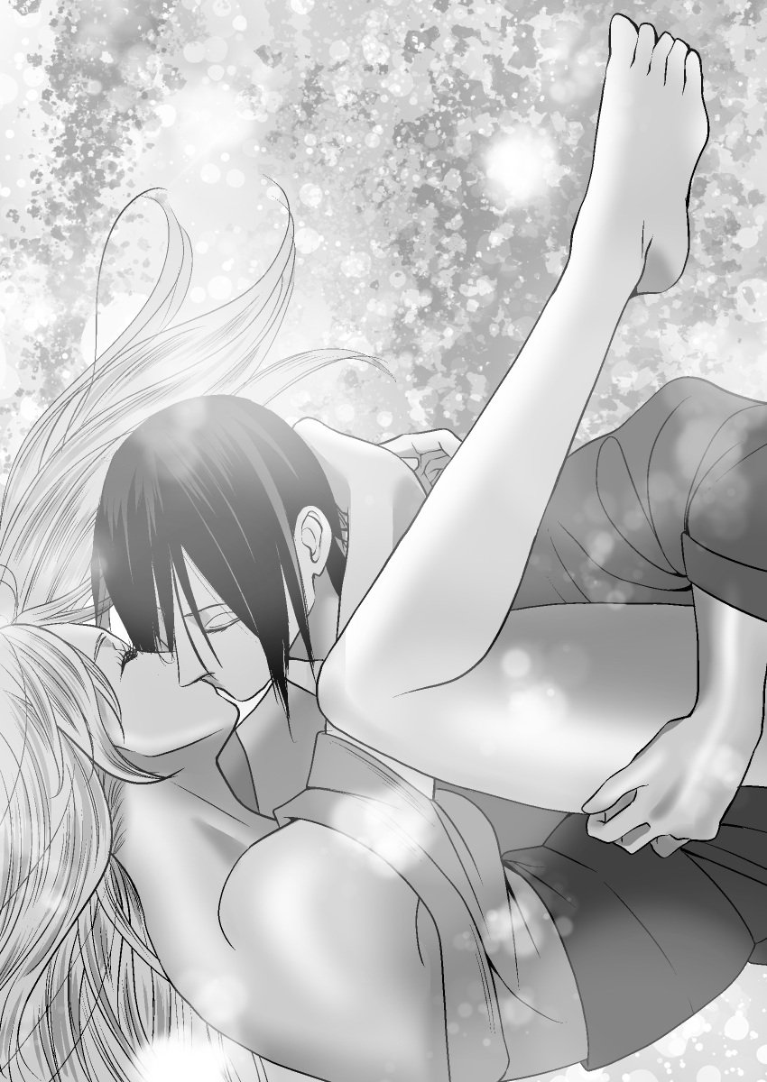 1boy 1boy1girl 1girls barefoot bent_over couple duo duo_focus implied_sex kissing kneeling legs_up long_hair lying_on_back lying_on_person male/female monochrome naruto naruto_(series) naruto_shippuden offscreen_sex romantic romantic_couple straight teacher_and_student tsuchigumo_hotaru utakata_(naruto)