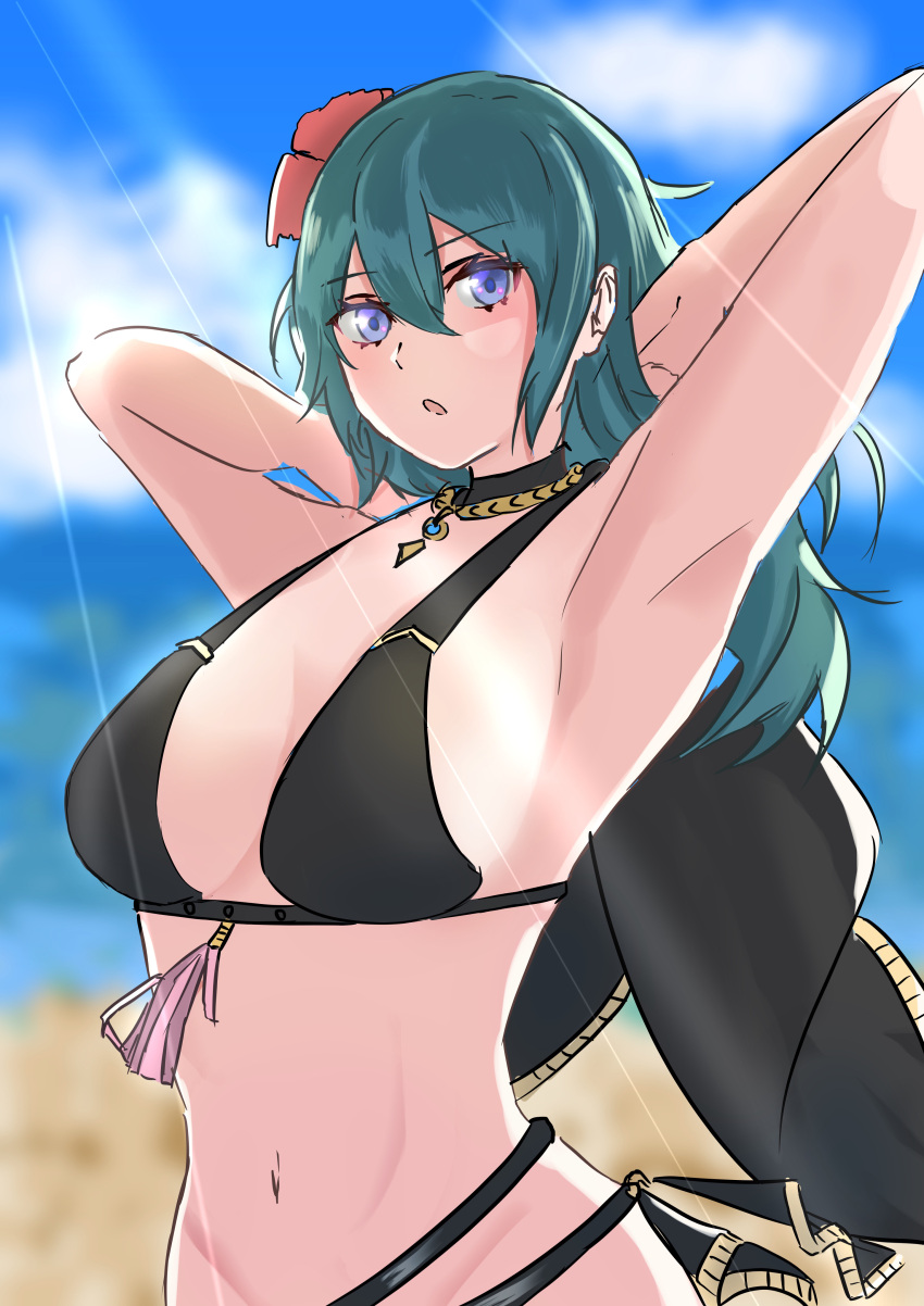 1girls alternate_costume armpits beach bikini black_bikini black_swimsuit blue_eyes breasts byleth_(fire_emblem) byleth_(fire_emblem)_(female) byleth_(summer)_(fire_emblem)_(female) capelet female female_only fire_emblem fire_emblem:_three_houses fire_emblem_heroes flower hair_flower large_breasts long_hair looking_at_viewer nintendo ocean official_alternate_costume open_mouth outdoors peli_cantaro solo swimsuit teal_hair