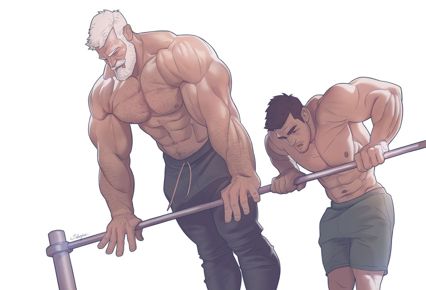 2boys age_difference boyfriends caucasian caucasian_male dilf east_asian east_asian_male gym_shorts male male_only muscles muscular muscular_male silverjow sweatpants twitter_user_oc ulric_(silverjow) wei_(silverjow) working_out