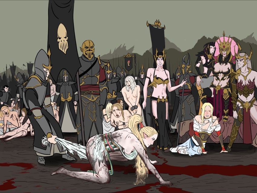 alarielle_the_radiant all_fours blonde_hair crone_hellebron crying dark_elf defeated druchii elf elf_ears high_elf_(warhammer) imminent_rape kneeling light-skinned_female love_duck mud party_wipe ripped_clothing sorceress spoils_of_war torn_clothes warhammer_(franchise) warhammer_fantasy