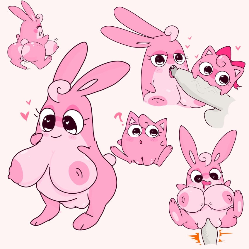 1boy 2girls ass big_breasts big_eyes blowjob breasts errorplush female jigglypuff male no_humans oral oral_sex pink_fur pokemon pokemon_(species) pokephilia pussy rabbit_ears rabbit_tail ribbon size_difference trio vagina vaginal_penetration wigglytuff