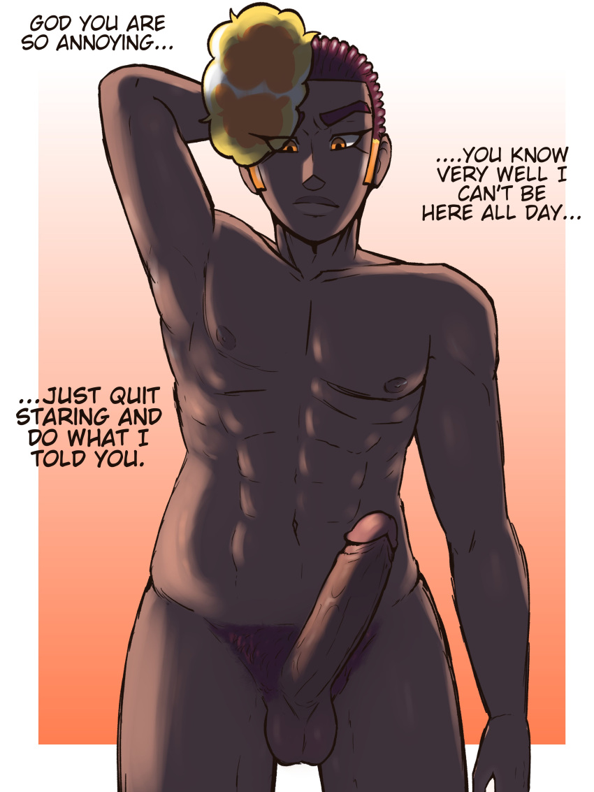 1boy big_penis dark-skinned_male dural_woodrow fluffyyutyrannus huge_cock maledom original_character red_hair text the_art_class