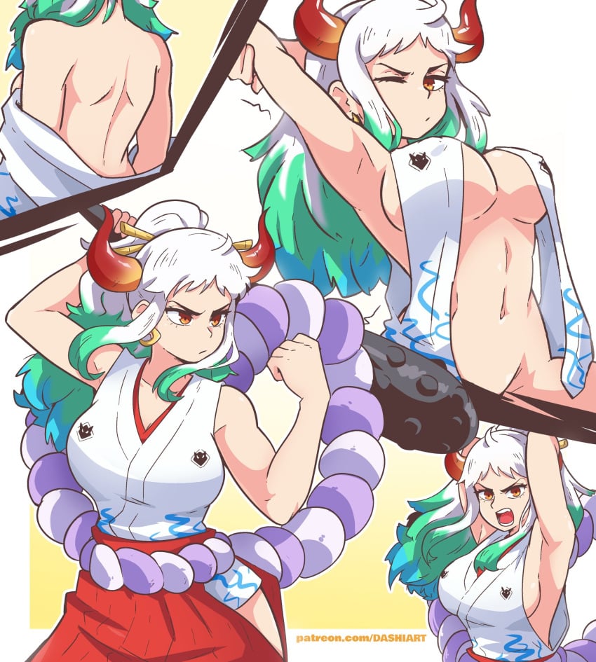 1girls 2022 armpits back_view bad_censor battle_cry big_breasts blue_hair breasts brown_eyes bulge bulge_through_clothing cleavage covering dashi_art exposed_back exposed_shoulders exposing female female_only green_hair hi_res high_resolution highres holding holding_object horn horns kimono long_hair looking_at_viewer multiple_views navel nipple_bulge one_eye_closed one_piece open_mouth orange_eyes orange_horn ponytail red_horns removing_clothing revealing_clothes shounen_jump sideboob simple_background stretching wano_country watermark white_clothing white_hair yamato_(one_piece)