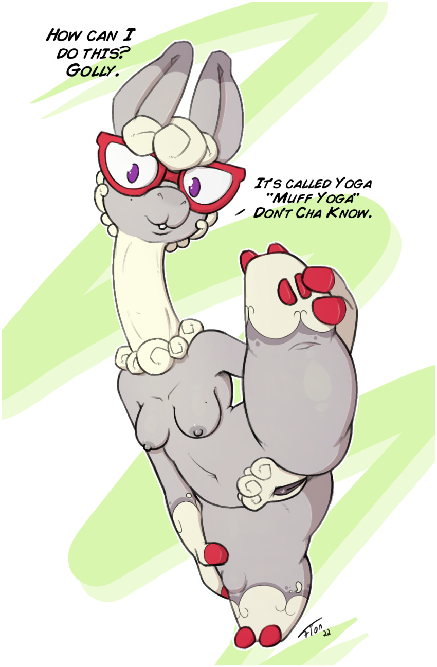 alpaca anthro breasts camelid digital_media_(artwork) eyewear female fionthebunny fur genitals glasses hair hi_res looking_at_viewer mammal markings mole_(marking) navel nipples nude pubes pussy raised_leg simple_background slightly_chubby smile solo solo_focus teeth text thick_thighs wool_(fur)