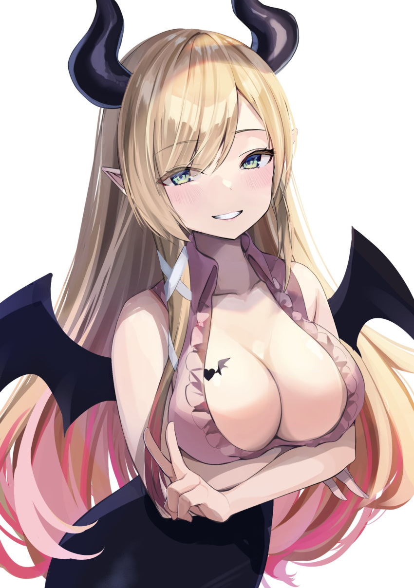 arms_under_breasts bangs black_skirt black_wings blush breast_tattoo breasts cleavage collarbone commentary_request cowboy_shot demon demon_girl demon_horns demon_wings female frilled_shirt frills gradient_hair highres hololive hololive_gen_2 hololive_japan horns large_breasts leaning_forward long_hair looking_at_viewer multicolored_hair paitayu pi_tayuko pink_hair pink_shirt pointy_ears shadow shiny shiny_hair shirt sidelocks simple_background skirt sleeveless sleeveless_shirt solo streaked_hair succubus swept_bangs tattoo teeth v virtual_youtuber white_background wings yuzuki_choco