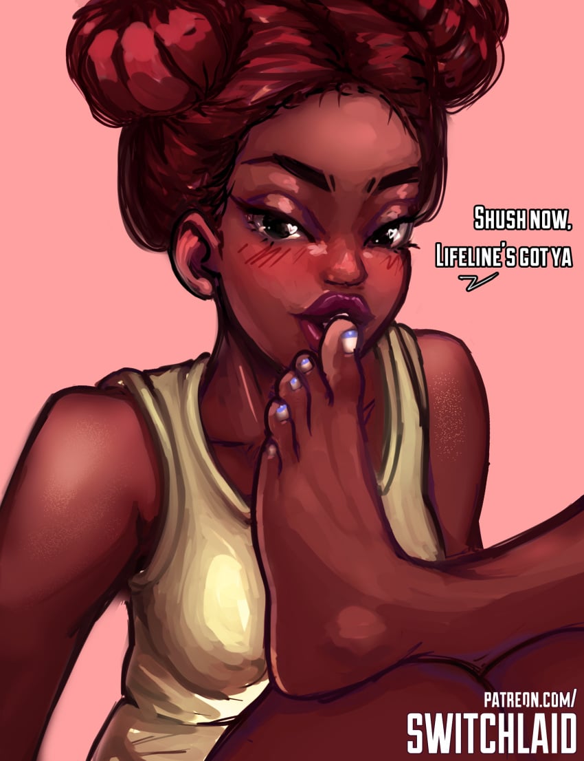 apex_legends big_lips caption clothed dark_skin dialogue feet foot_fetish lifeline_(apex_legends) lips lipstick looking_at_viewer red_hair shushing switchlaid tank_top