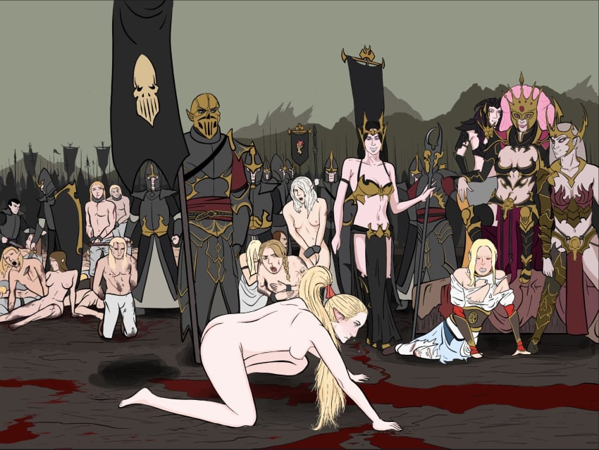 alarielle_the_radiant all_fours blonde_hair crone_hellebron crying dark_elf defeated druchii elf elf_ears high_elf_(warhammer) imminent_rape kneeling light-skinned_female love_duck party_wipe ripped_clothing sorceress spoils_of_war torn_clothes warhammer_(franchise) warhammer_fantasy