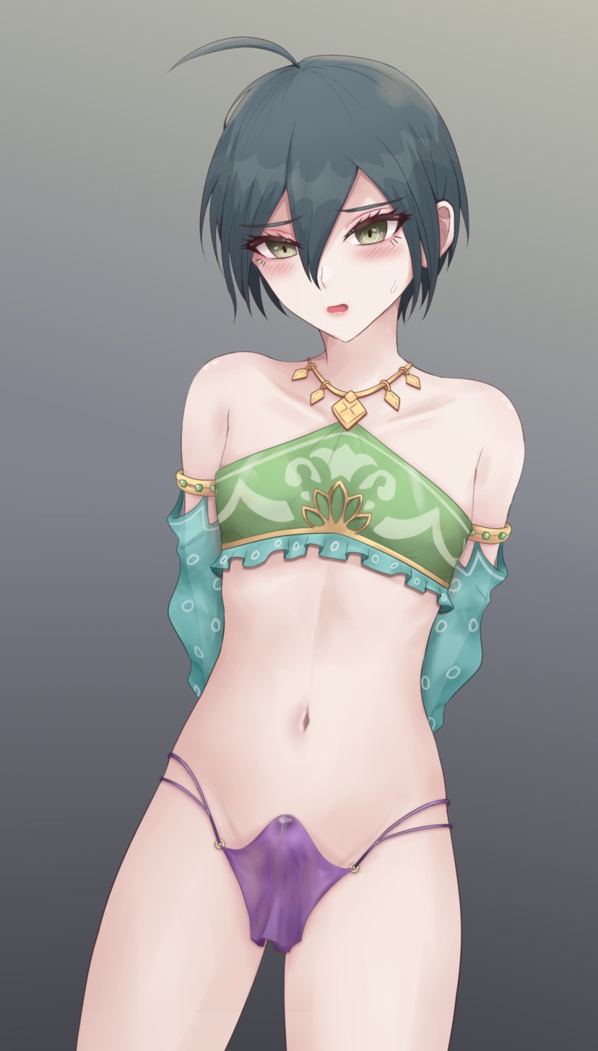 alternate_version_available blush crossdressing danganronpa danganronpa_v3 embarrassed erect_penis gon_(congchuabuoito) penis saihara_shuuichi see-through_clothing skimpy_clothes small_penis solo straight_hair