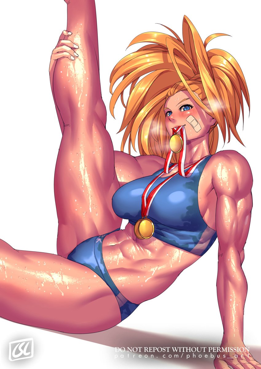 1girls abs absurd_res athletic athletic_female bandage bandage_on_face big_breasts blue_eyes blush breasts busty captain_mizuki crop_top curvaceous curvy curvy_body curvy_female curvy_figure female female_focus female_only fit fit_female highres hips leg_grab leg_lift leg_up legs light-skinned_female light_skin lips lipstick long_hair medals muscle muscles muscular muscular_arms muscular_female muscular_legs muscular_thighs object_in_mouth one-punch_man orange_hair phoebus_art ponytail red_hair shiny_skin smile smiling smirk solo solo_female solo_focus sports_bra sportswear steam steaming_body sweat sweating sweaty sweaty_body tan_skin tank_top thin_waist tied_hair toned toned_body toned_female toned_legs toned_stomach voluptuous white_background wide_hips