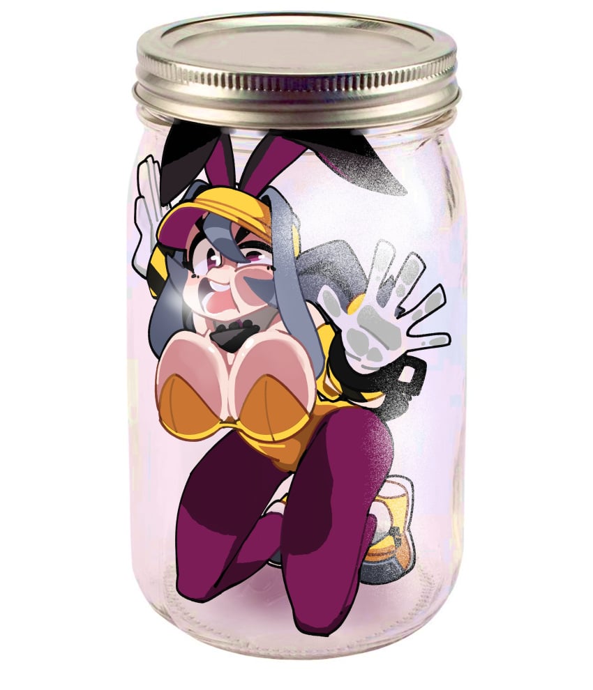 against_glass big_breasts bongfillstudent breasts breasts_on_glass bunny_ears bunny_industry_(bongfillstudent) bunnysuit cum_jar cum_jar_(meme) female hand_on_glass implied_cum_jar jar tagme tank_bunny_(bongfillstudent)