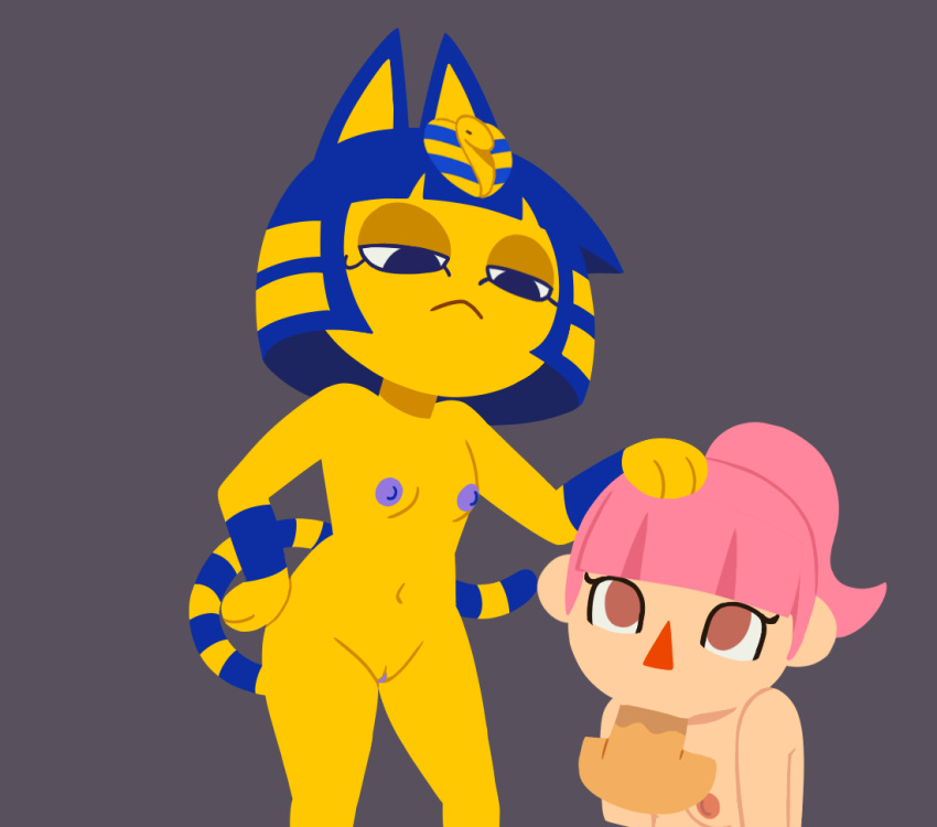 2022 animal_crossing animal_crossing_girl ankha assisted_fellatio blowjob breasts lewdthealess nintendo nipples penis pussy villager_(animal_crossing)