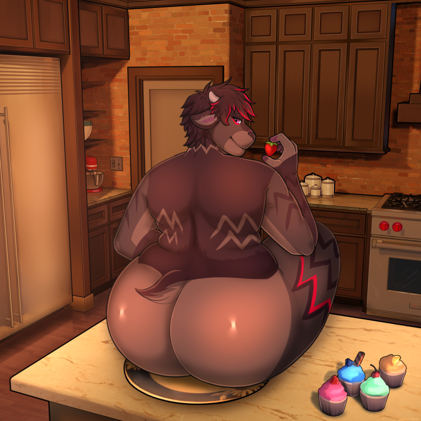 1:1 absurd_res anthro ass big_butt cupcake detailed_background food fruit hi_res huge_butt hyenahijinks kitchen male on_counter overweight plant plate short_tail solo strawberry tail wood_floor