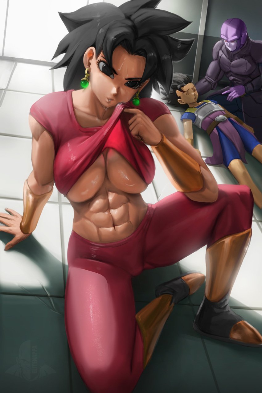 1girls 2boys abs alien armguard big_breasts black_hair boots breasts cabba clothing dragon_ball dragon_ball_super ear_piercing earrings elitenappa female female_saiyan fusion hair_down hit_(dragon_ball) huge_breasts indoors kefla looking_at_viewer male midriff muscular muscular_female no_bra piercing potara_earrings saiyan shin_guards shounen_jump sitting sitting_on_floor sparring sweat thick_thighs toned toned_female training unconscious underboob very_long_hair wide_hips