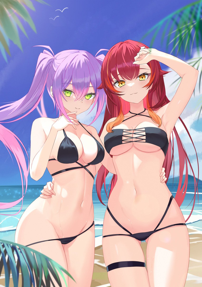 2022 2girls beach bikini black_bikini cleavage female female_only holoforce hololive hololive_japan jiang_ye_kiri light-skinned_female light_skin medium_breasts navel nekota_tsuna ocean outdoors outside sunlight swimsuit tokoyami_towa twintails virtual_youtuber vspo!