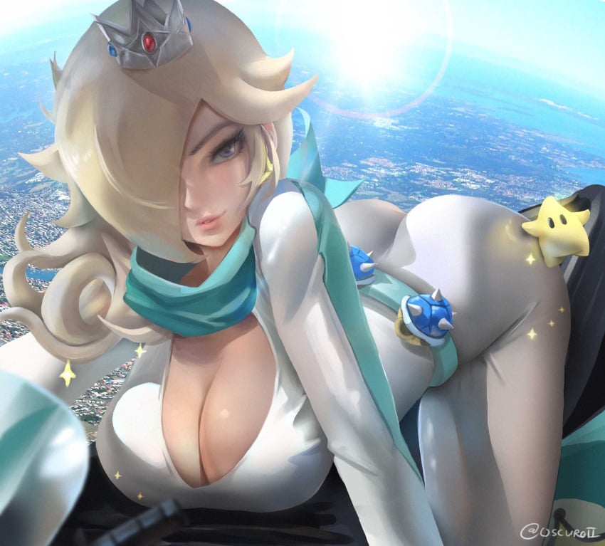 1girls 2022 artist_name ass belt big_ass bike_outfit_(mario_kart) bimbo blonde_hair blue_eyes bodysuit breasts cleavage clothing crown earrings female female_focus female_only footwear hair hair_over_one_eye handwear hi_res hips huge_breasts human jpeg jumpsuit light-skinned_female light_skin long_hair luma mario_(series) mario_kart nintendo oscuroii pale_skin parted_lips princess_rosalina racing_suit scarf signature slim_waist smile solo star_earrings thick_thighs thighs vehicle wide_hips