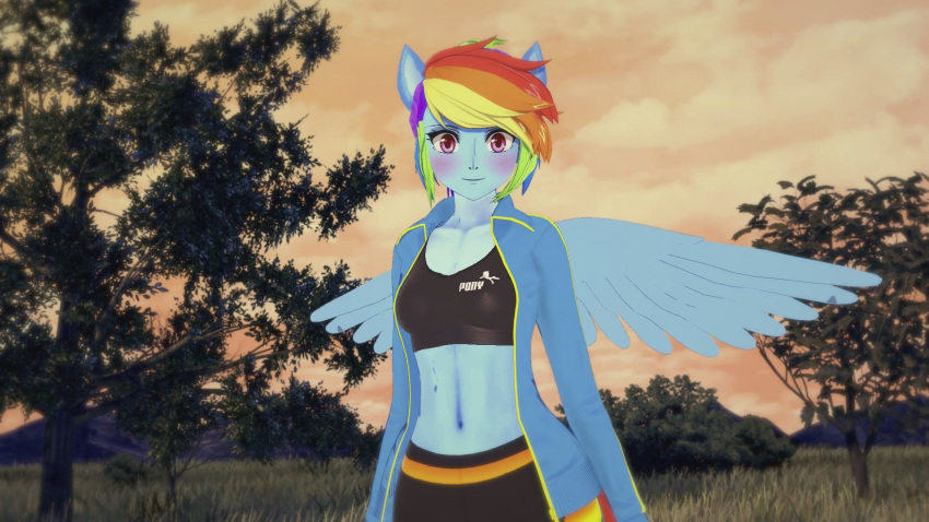 16:9 1girls animal_ears anthro before_sex belly belly_button blue_skin blush closed_mouth clothed female female_focus fit_girl looking_at_viewer medium_hair my_little_pony open_eyes outdoors rainbow_dash_(mlp) rainbow_hair smooth_skin solo solo_female solo_focus standing wings