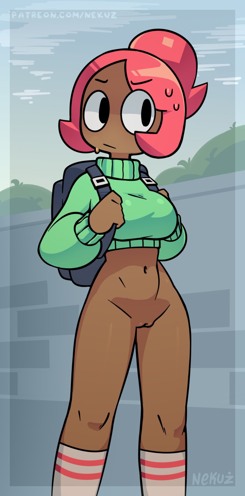 1girls 2022 background backpack bag blush bottomless bottomless_female breasts brown_body brown_skin casual casual_bottomless casual_nudity chloe_(nekuzx) clothing dark-skinned_female dark_skin female female_focus female_only genitals green_sweater human legs legwear long_legs looking_at_viewer navel nekuzx nonsexual_nudity original original_character public_exposure public_nudity pussy red_hair socks solo solo_focus standing sweat sweater topwear vagina