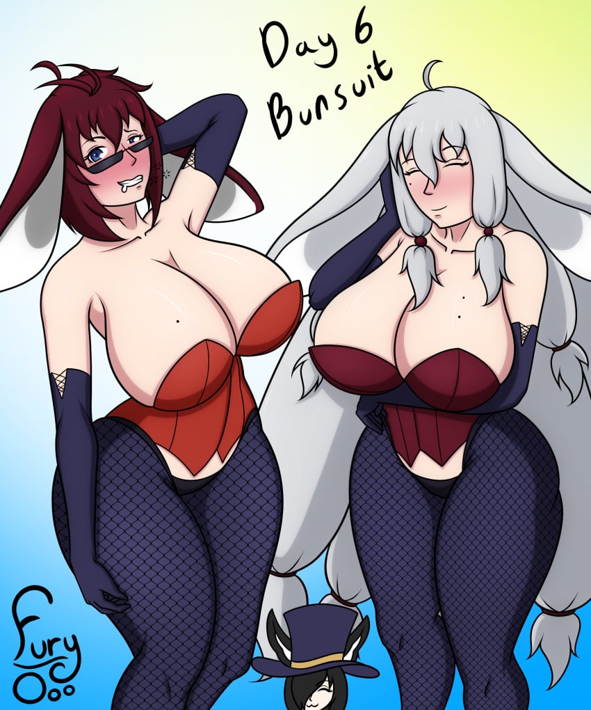 2girls akemi(fury_o) aki(fury_o) big_breasts blue_eyes breasts bunny_costume bunny_ears bunny_girl bunnysuit closed_eyes clothed drunk fishnet_legwear fishnet_stockings fishnets flushed flushed_face fully_clothed fury_o glasses glasses_on_head gloves grey_hair hi_res huge_breasts long_ears long_gloves long_hair milf mole mole_on_breast mole_under_eye mother_and_daughter oc original_character original_characters pale-skinned_female pale_skin playboy_bunny red_hair short_hair tagme thick_thighs thighs