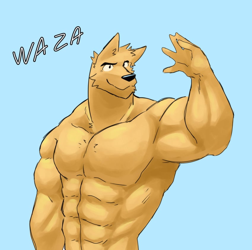 1boy abs anthro bara canid canine canis d3nji furry ice_xhan mammal manly muscular muscular_male nude original pecs text topless wolf