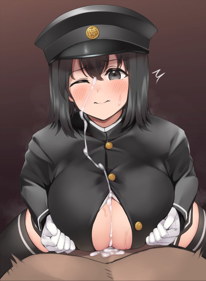 1boy akitsu_maru_(kantai_collection) akitsu_maru_kai_(kantai_collection) black_eyes black_hair black_headwear black_thighhighs breasts cum cum_on_body cum_on_breasts female gloves hal_(h_lambda_l) hat highres kantai_collection large_breasts long_sleeves military military_uniform one_eye_closed paizuri paizuri_under_clothes peaked_cap pov projectile_cum second-party_source short_hair solo_focus straight thighhighs uniform white_gloves