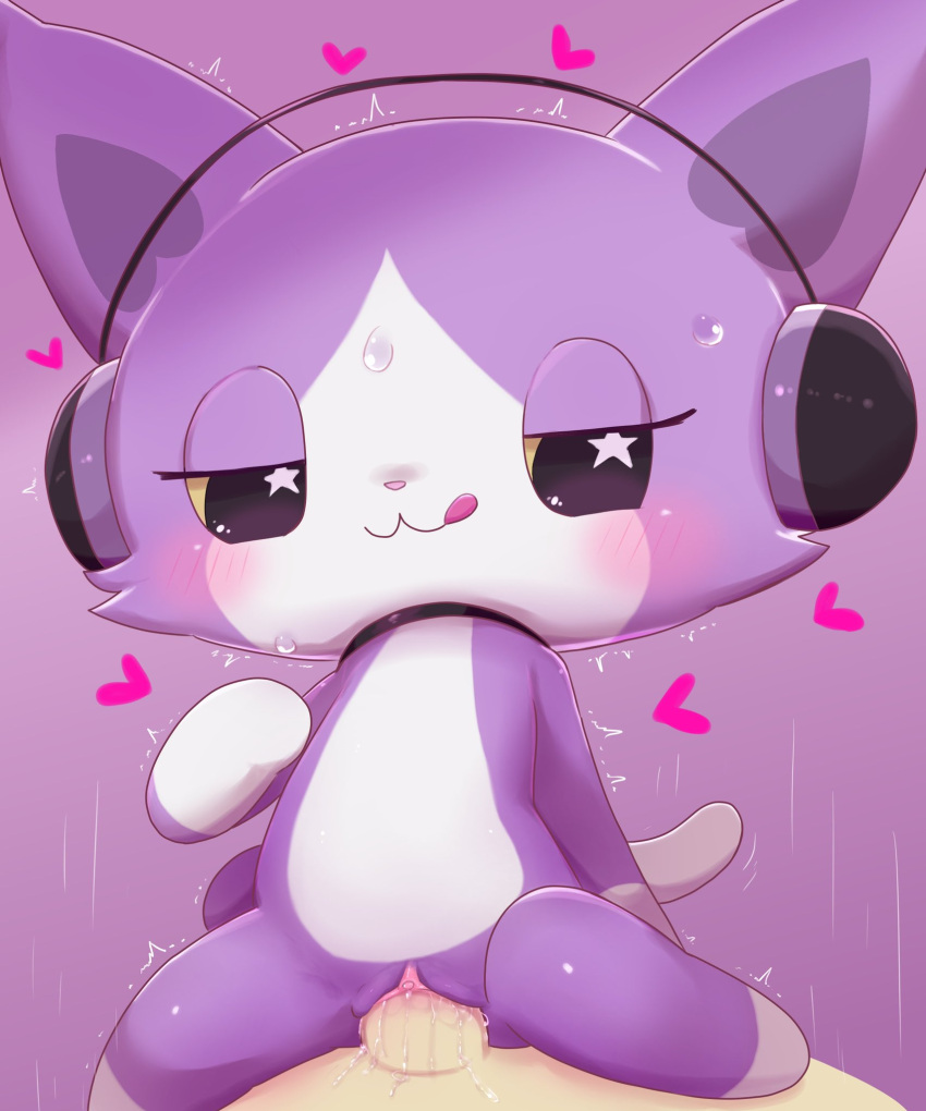 anthro badwingm beatcats blush bodily_fluids choker cub furry headphones heart layla_(beatcats) looking_at_viewer penetration penile penile_penetration penis penis_in_pussy purple_fur pussy pussy_juice sanrio sex shaking sweat tongue tongue_out