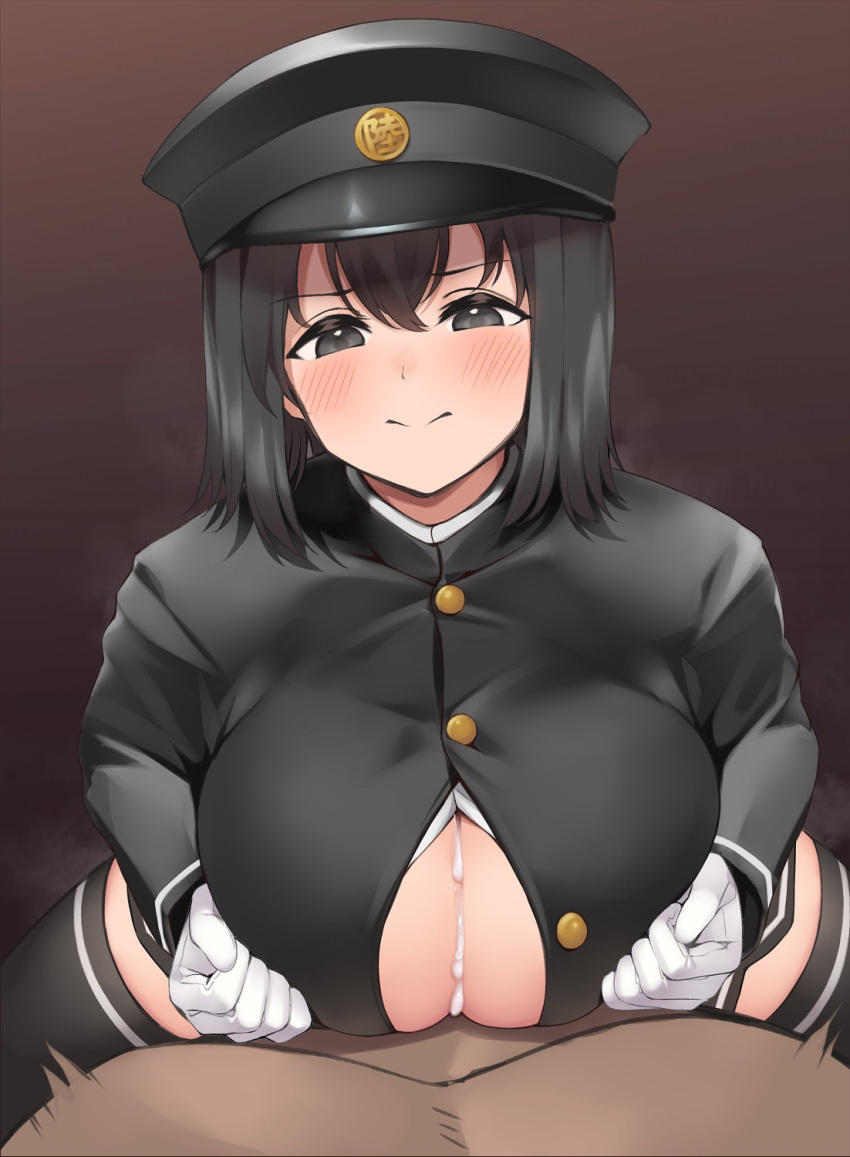 1boy akitsu_maru_(kantai_collection) akitsu_maru_kai_(kantai_collection) black_eyes black_hair black_headwear black_thighhighs breasts cum cum_on_body cum_on_breasts female gloves hal_(h_lambda_l) hat highres kantai_collection large_breasts long_sleeves military military_uniform paizuri paizuri_under_clothes peaked_cap pov second-party_source short_hair solo_focus straight thighhighs uniform white_gloves