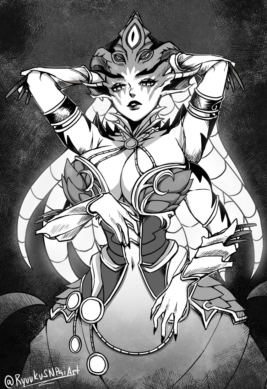 1girls big_breasts black_and_white cleavage demon_girl female female_only monster_girl multi_arm multi_limb queen_azshara ryuukusnpaiarts world_of_warcraft