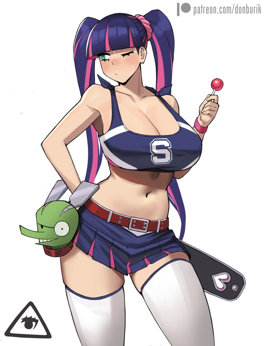 1girls 2022 alternate_hairstyle artist_signature big_breasts blush breasts busty cheerleader cheerleader_uniform cleavage donburikazoku female goth green_eyes hand_on_hip hi_res hips huge_breasts juliet_starling_(cosplay) light-skinned_female light_skin lollipop_chainsaw long_hair midriff navel panty_&_stocking_with_garterbelt patreon_username purple_hair skirt slim_waist stocking_anarchy thick_thighs thighs twintails wide_hips