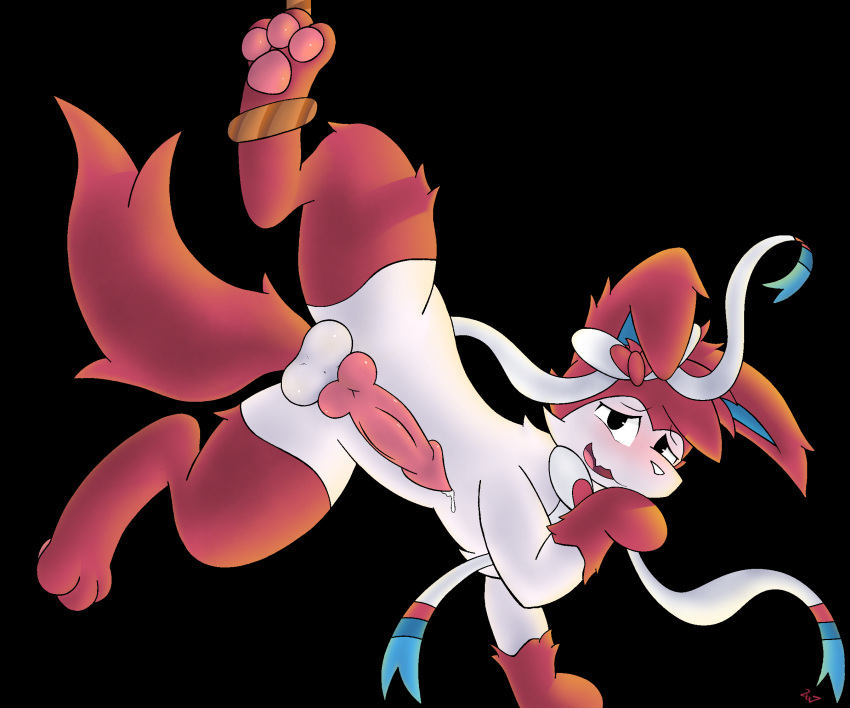2vv7 blush bodily_fluids dripping eeveelution feral generation_6_pokemon genital_fluids genitals gloves_(marking) hi_res knot leg_markings male male_only markings nervous nintendo pawpads paws penis pokemon pokemon_(species) precum precum_drip presenting presenting_penis restrained ribbons rope socks_(marking) solo sylveon video_games