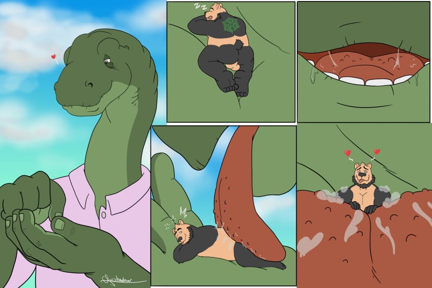 3:2 age_difference aker anthro brachiosaurid brachiosaurus dinosaur duo female guishadow hi_res male male/male mammal mature_male older_female oral_vore reptile rouen_(blazingfrostwolf) rouenalmer sauropod scalie tongue_love tongue_play tongue_worship ursid vore