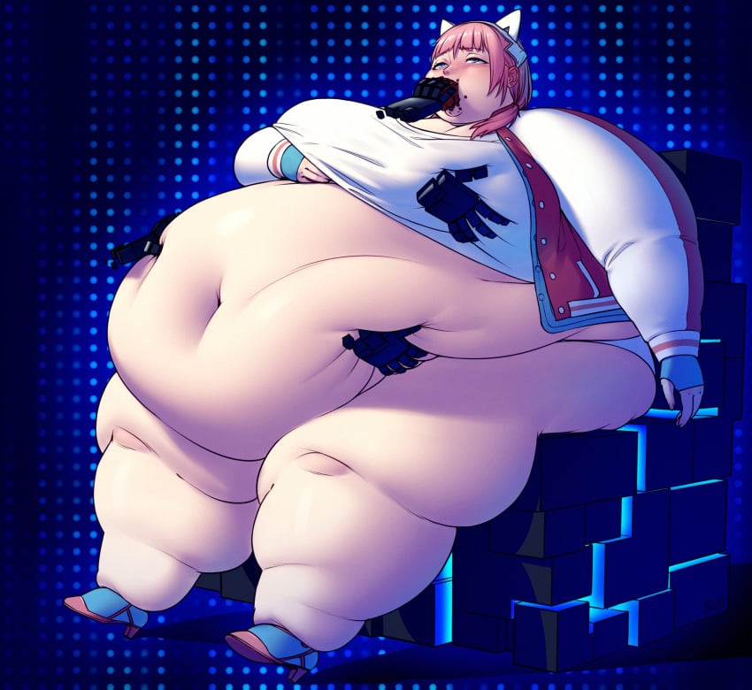 1girls ai:_the_somnium_files animal_ears better_with_salt cat_ear_headphones cyberspace disembodied_hand fat female_only force_feeding groping groping_fat half-closed_eyes hand_on_another's_stomach huge_belly huge_breasts iris_sagan obese pink_footwear pink_hair pink_jacket pussy sitting solo_female ssbbw white_shirt