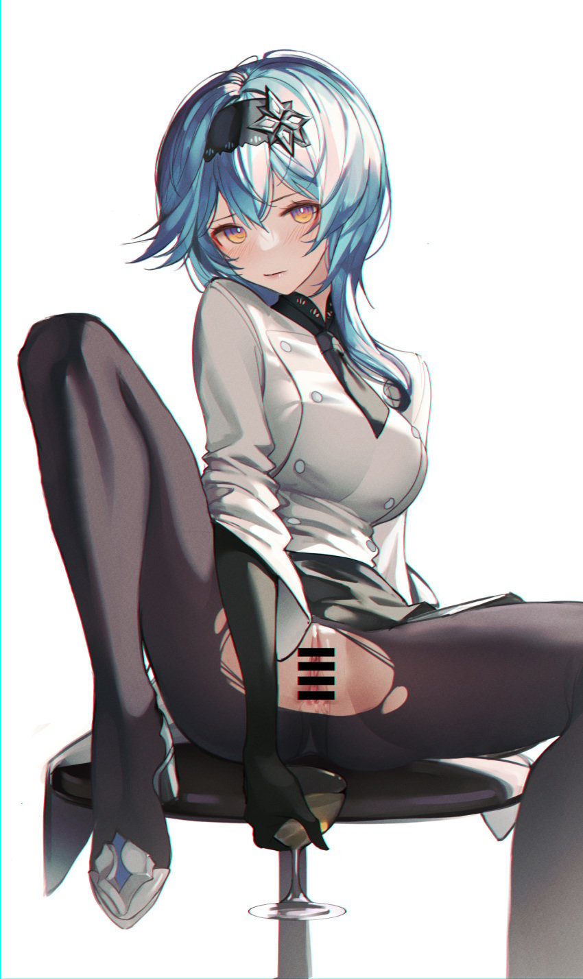 bangs bar_censor black_hairband blue_hair blush breasts censored chef_uniform clitoris cup eula_(genshin_impact) female genshin_impact gloves hair_ornament hairband high_heels highres holding holding_cup iumu large_breasts looking_at_viewer medium_hair necktie peeing pussy skirt solo thighhighs torn_pantyhose white_background