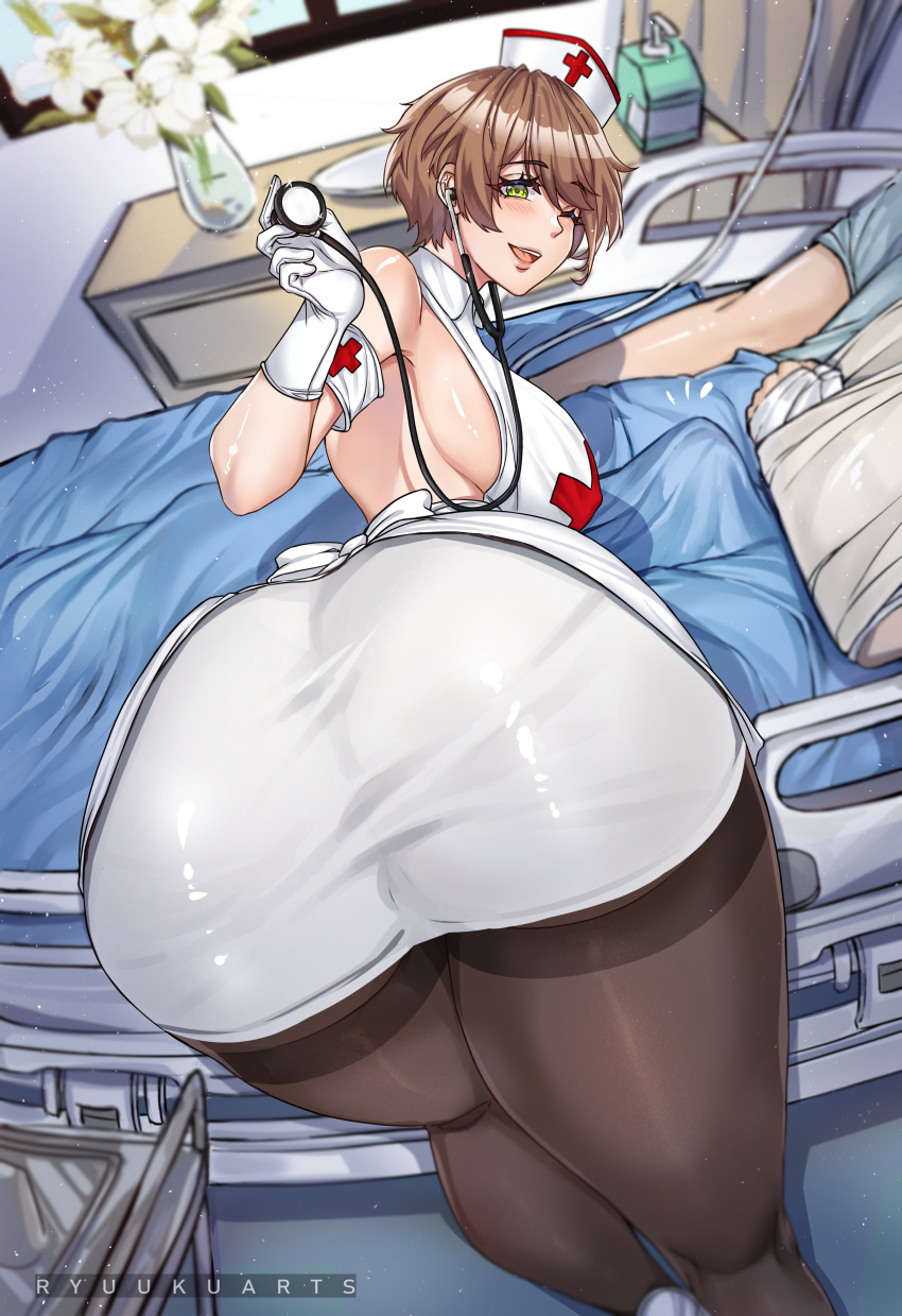 1boy 1girls ass ass_focus big_breasts counter:side female female_only gloves huge_ass kang_soyoung light-skinned_female light-skinned_male light_skin nurse nurse_uniform ryuukusnpaiarts stethoscope thick_thighs very_short_hair