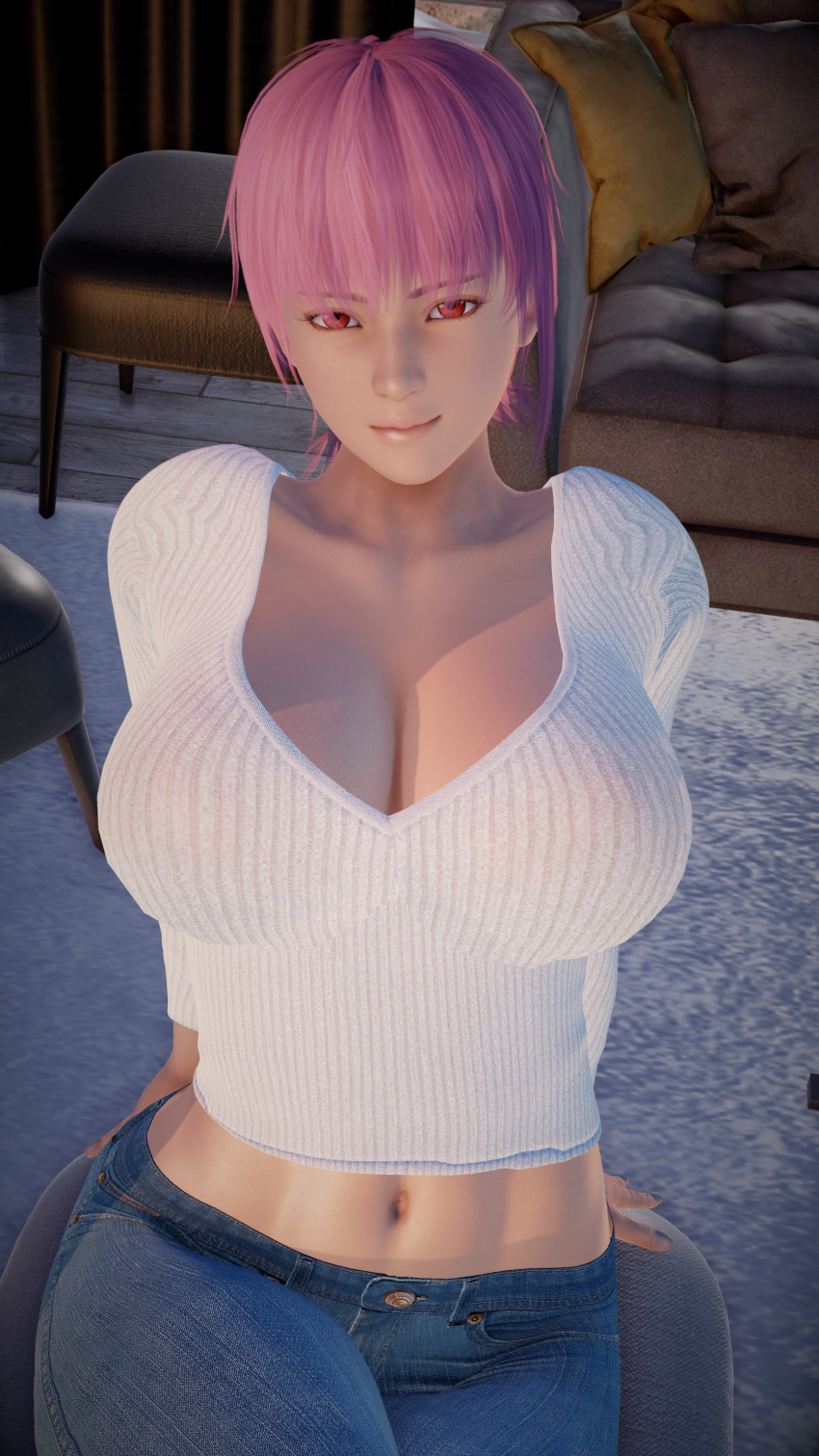 3d asian asian_female ayane_(doa) belly_button big_breasts bloodandrosesxo breasts cleavage clothing couch dead_or_alive from_above furniture indoors large_breasts looking_at_viewer navel pillow purple_hair seduction seductive seductive_eyes seductive_gaze seductive_look seductive_mouth seductive_pose seductive_smile shirt short_hair showing_off smile thick_thighs