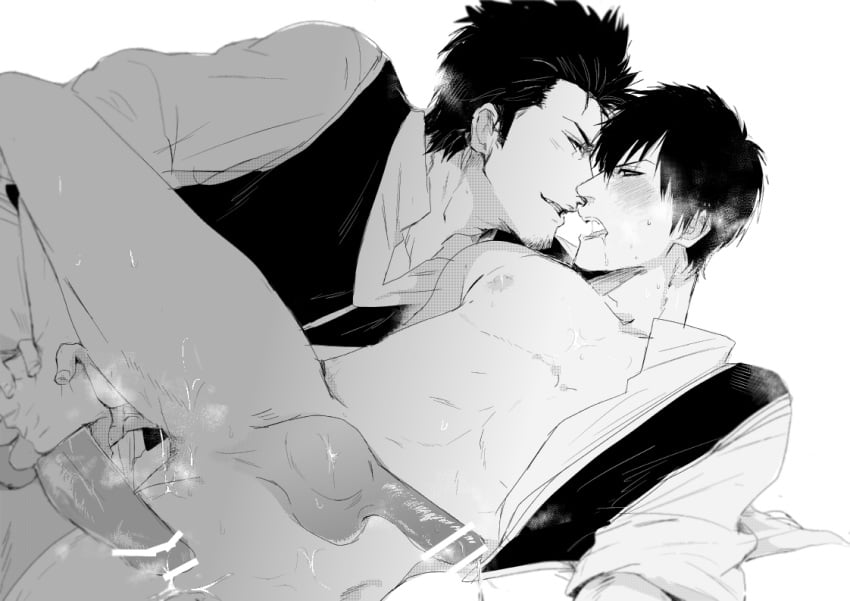 2boys bar_censor blush bottomless breath drooling erection facial_hair gay gintama goatee hand_on_penis hijikata_toshiro holding_penis imminent_penetration imminent_sex kondou_isao leg_up looking_at_another male male_only monochrome open_mouth open_shirt penis shinsengumi_(gintama) waistcoat yaoi