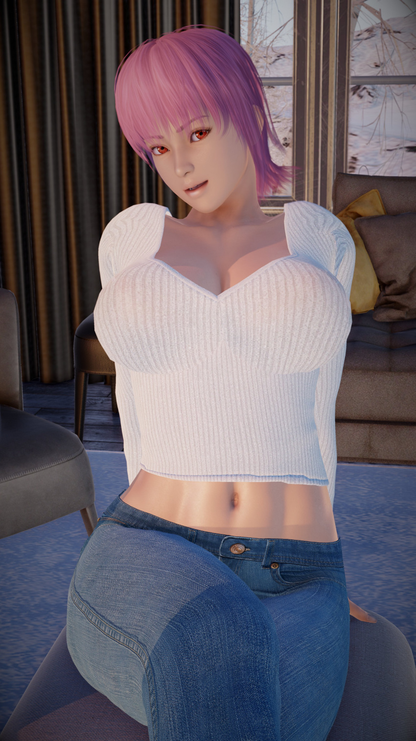 3d asian asian_female ayane_(doa) belly_button bloodandrosesxo curtains dead_or_alive furniture indoors looking_at_viewer navel purple_hair seduction seductive seductive_eyes seductive_gaze seductive_look seductive_mouth seductive_pose seductive_smile smile thick_thighs tree window