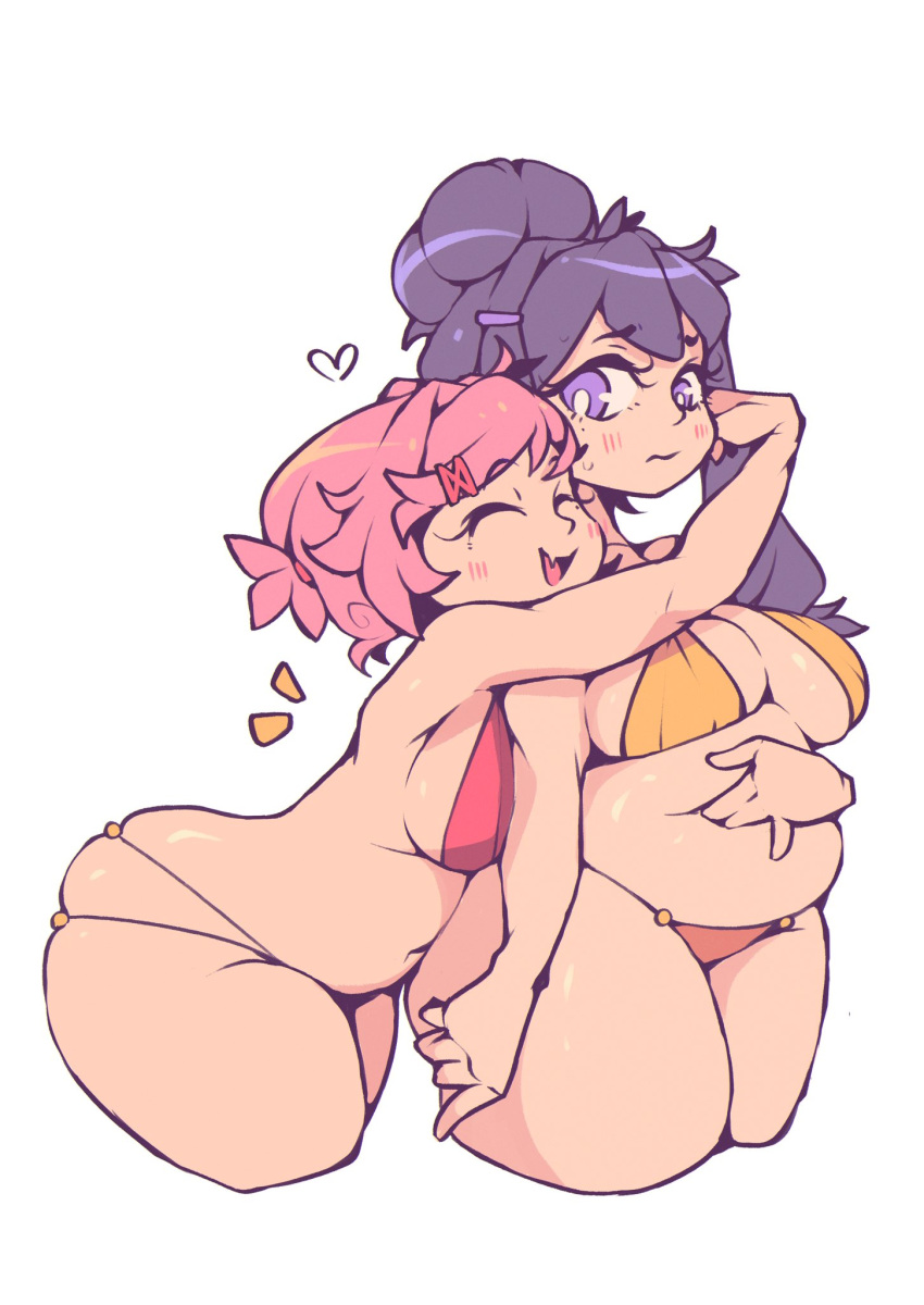 2girls bikini blush chubby closed_eyes doki_doki_literature_club duo female female/female female_only heart hug hugging lip_fang multiple_girls natsuki_(doki_doki_literature_club) open_mouth pink_eyes pink_hair poorsdraws purple_eyes purple_hair red_bikini skin_fang white_background yellow_bikini yuri yuri_(doki_doki_literature_club)