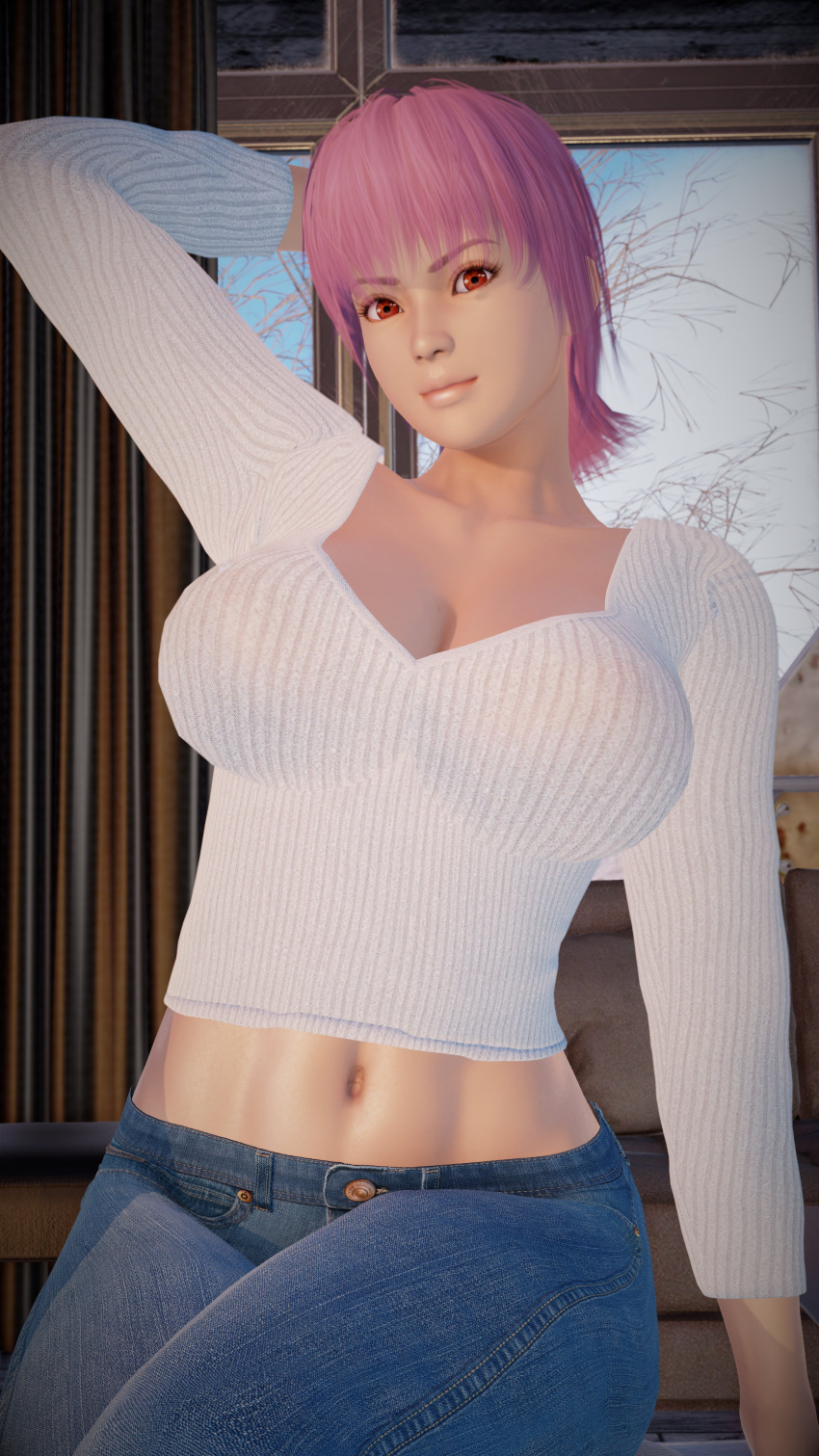 3d asian asian_female ayane_(doa) belly_button bloodandrosesxo cleavage clothing curtain dead_or_alive hands_behind_head indoors jeans large_breasts looking_at_viewer navel purple_hair seduction seductive seductive_eyes seductive_gaze seductive_look seductive_pose seductive_smile shirt short_hair t-shirt toned toned_female tree window