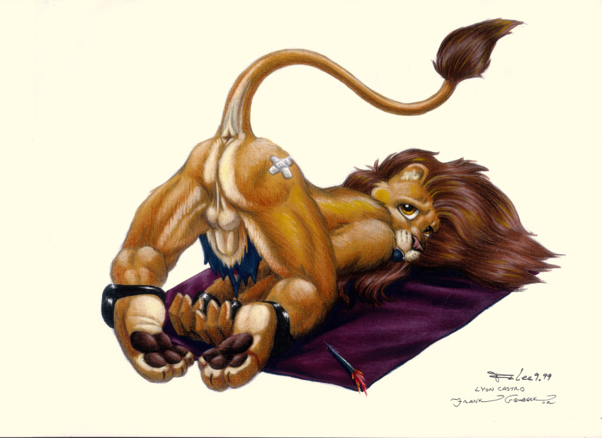 1990s 1999 1boy 20th_century anthro ball_gag bondage brown_eyes collaboration fel feline frank_gembeck fur furry hi_res high_resolution highres hindpaw lion loincloth looking_at_viewer lyon_castro male male_only scan solo underwear white_background