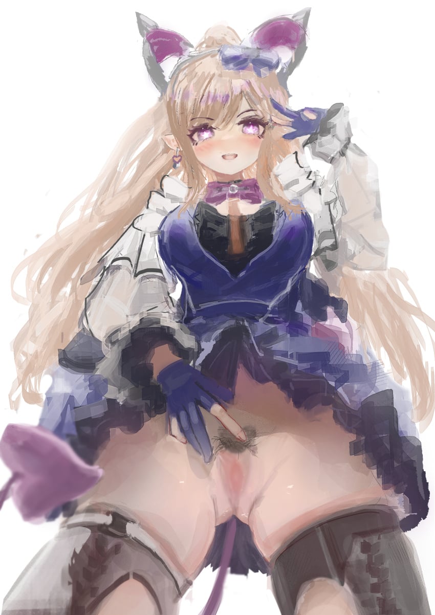 1girl absurdres arknights arknights:_endfield black_thighhighs blonde_hair blue_bow blue_dress blue_gloves bow breasts censored clione_(shinobusc2) commentary dress earrings english_commentary female_pubic_hair from_below gloves hair_bow highres horns jewelry liino_(arknights:_endfield) long_hair long_sleeves looking_at_viewer open_mouth partially_fingerless_gloves pointy_ears ponytail pubic_hair purple_eyes purple_tail pussy shrug_(clothing) simple_background solo star-shaped_pupils star_(symbol) symbol-shaped_pupils thighhighs white_background white_shrug