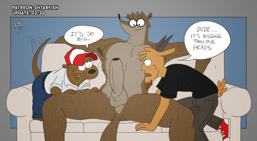 admiring_penis anthro armpit_hair athletic athletic_anthro athletic_male balls baseball_cap belt big_penis blush bodily_fluids body_hair bottomwear bovid caprine cartoon_network clothing dialogue don_(regular_show) doug_shablowski english_text erection footwear foreskin furniture gaping_mouth genitals goat group hat head_tuft headgear headwear hi_res horn huge_penis kneeling looking_down male mammal muscular muscular_anthro muscular_male mustelid nervous nude open_mouth otter pants pecs penis procyonid proud raccoon regular_show shirt shoes shtarfish sitting size_difference sneakers sofa speech_bubble spread_legs spreading standing sweat tail tail_motion tailwag text thomas_(regular_show) topwear trio tuft whiskers
