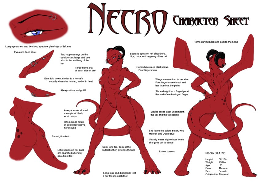 breasts dragon ear_piercing female horns model_sheet necrodrone necrodrone_(character) nude piercing pussy scalie solo white_background wings