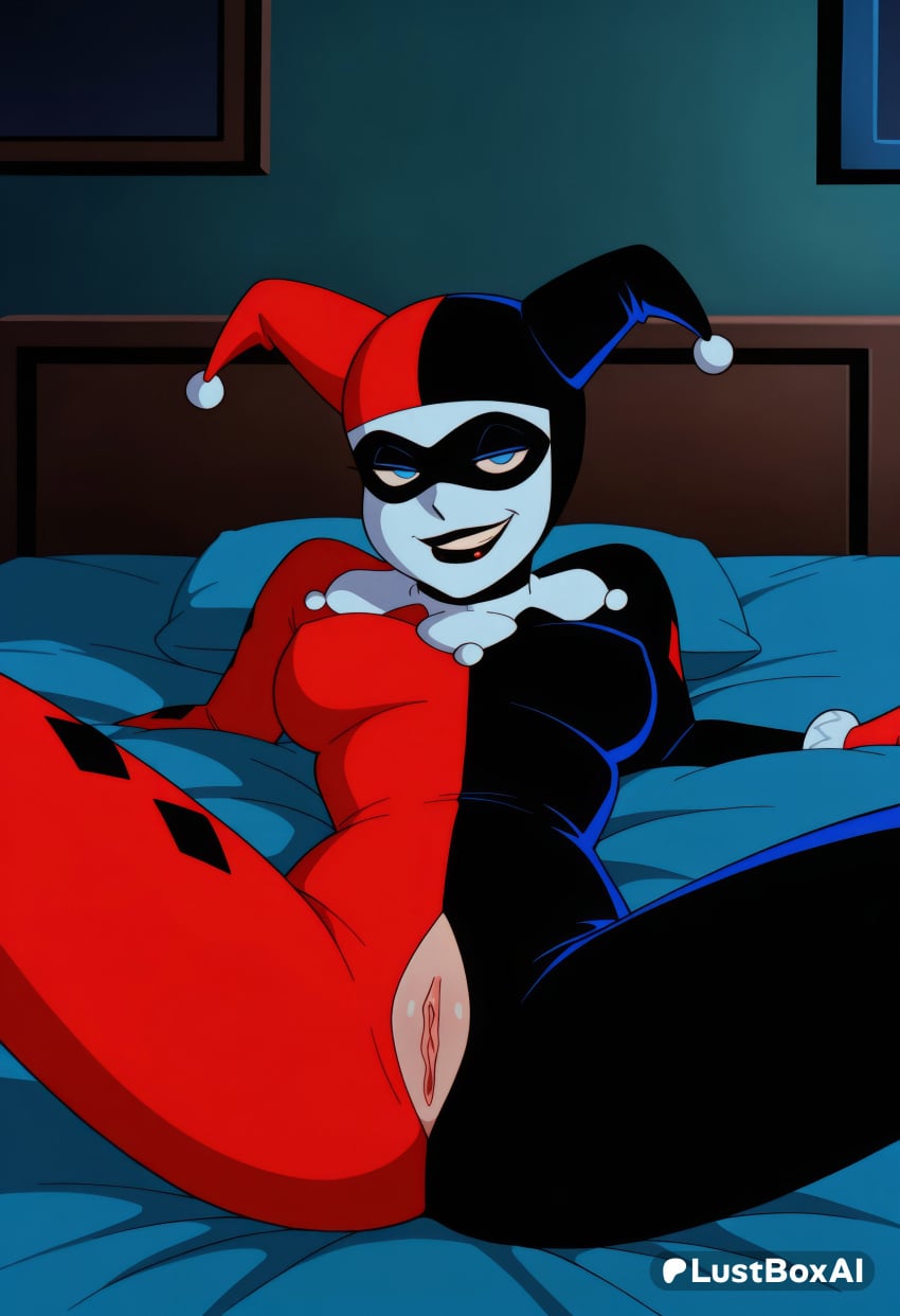 1girls ai_generated artist_name batman:_the_animated_series batman_(series) bed black_bodysuit black_lips blue_eyes bodysuit breasts clitoral_hood covered_nipples dc_animated_universe dc_comics domino_mask female_human harley_quinn harley_quinn_(dcau) hat hi_res indoors jester jester_cap lipstick looking_at_viewer lustboxai lying makeup mask medium_breasts on_back on_bed pillow pussy red_bodysuit smile solo spread_legs uncensored
