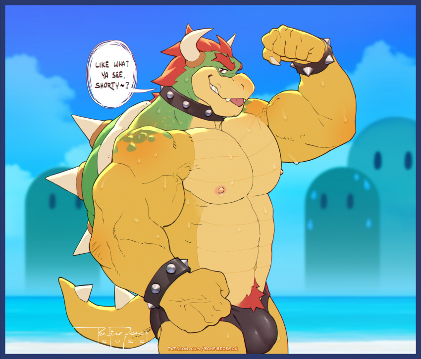 2023 anthro beach big_pecs biped blep bodily_fluids bonfiredemon bowser bracelet bulge dialogue digital_media_(artwork) flexing_bicep genital_outline hair hi_res horn jewelry koopa looking_at_viewer male male_only mario_(series) muscular muscular_anthro muscular_male nintendo nipples outside pecs penis_outline pubes red_hair red_pubes scalie seaside sky smile solo spiked_bracelet spikes super_mario_bros. sweat talking_to_viewer tongue tongue_out