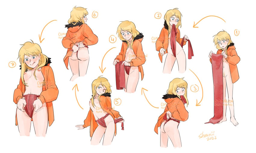 absurdres adjusting_clothes adjusting_fundoshi aged_up arrow_(symbol) artist_name ass bangs blonde_hair blue_eyes blush breasts coat commission commissioner_upload dressing exhibitionism fabric feet female fundoshi fundoshi_pull genderswap_(mtf) highres hood hooded_coat hooded_jacket hoodie how_to jacket japanese_clothes kenny_mccormick licking licking_lips loincloth long_hair messy_hair nipples nude number object_in_mouth orange_coat orange_jacket parka pubic_hair pussy red_cloth red_fundoshi red_loincloth rule_63 sequential shouri small_breasts smile south_park step_by_step t-back tongue tongue_out tying_fundoshi watermark