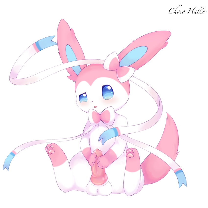 1:1 aleuoliver animal_genitalia animal_penis balls blue_eyes blush canine_penis eeveelution feral generation_6_pokemon genitals hi_res male male_only male_sylveon nintendo penis pokemon pokemon_(species) simple_background sitting solo sylveon video_games white_background white_body