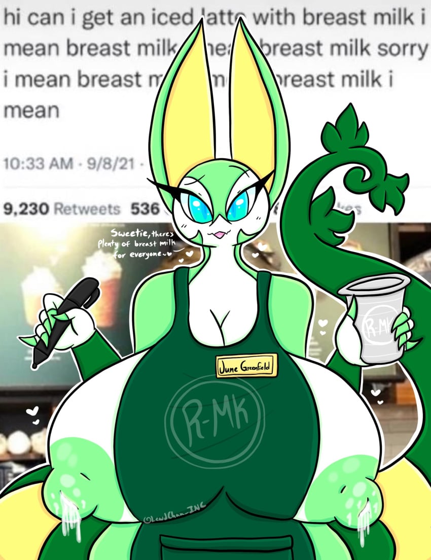 big_breasts breasts english_text female iced_latte_with_breast_milk june_greenfield lactating lactation lewdchuu_(artist) meme pokémon_(species) pokemon serperior tagme