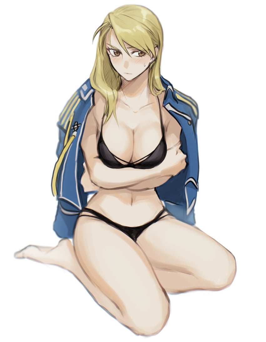 1girls amestris_military_uniform arm_under_breasts arms_crossed barefoot belly belly_button big_breasts blonde_female blonde_hair blush blushing breasts busty crossing_arms curvaceous curves curvy curvy_body curvy_female curvy_figure embarrassed feet female female_only fullmetal_alchemist hand_under_breasts hands_under_breasts jacket jacket_on_shoulders large_breasts legs milf military military_jacket military_uniform nervous riza_hawkeye shy solo sweat sweatdrop sweating thick thighs thin thin_waist tsuki_51219 tummy underwear waist white_background